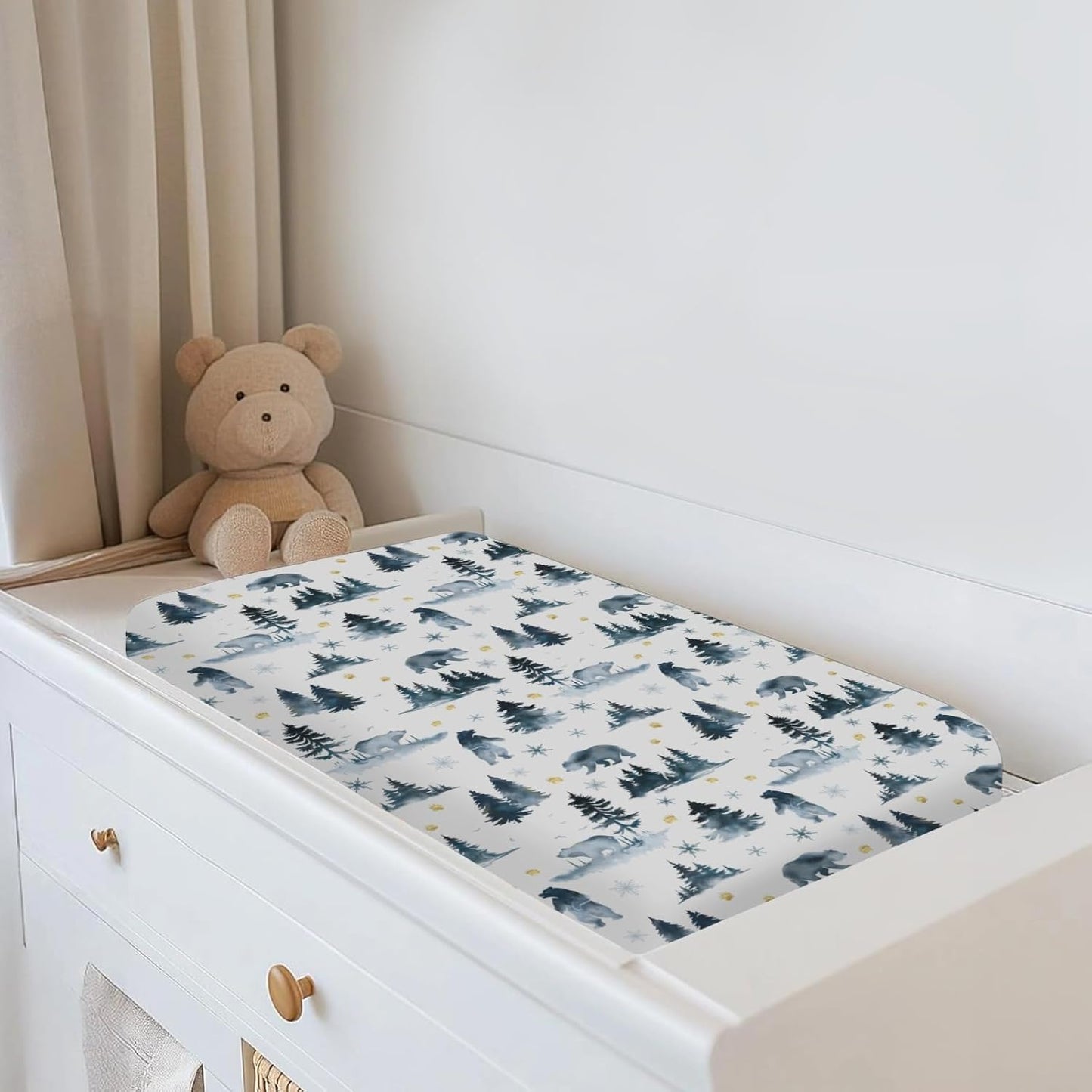 Watercolor Bear Winter Changing Pad Covers for Baby Girls Boys Pastel Bear Pine Trees Snowflakes Tracks Fitted Change Table Pad Mats Wild Animals Adventure Soft Diaper Changing Pad Sheets 32''×16''
