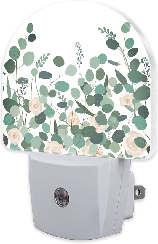 Green Eucalyptus and Rose Flowers Night Light for Kids,Watercolor Botanical Floral Leaves Night Light Plug in with Dusk to Dawn Sensor,0.5w Energy Saving S Nightlight for Boys Girls Home Decor