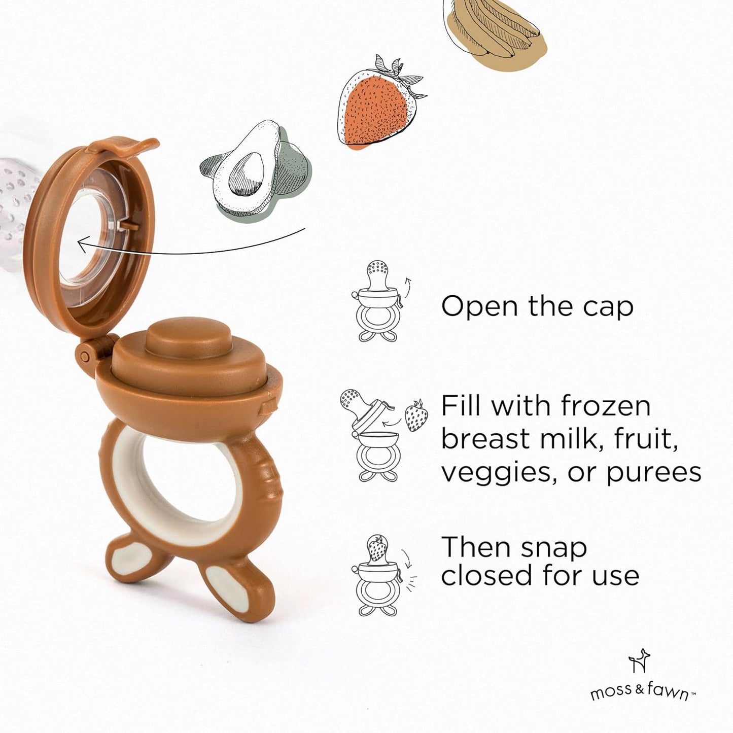 Moss and Fawn Little Explorer Kit - Silicone Frozen Breast Milk Popsicle Kit with Forage Feeder, Teething Popsicle Ice Cube Tray, & Gather & Roll Baby Feeding Bib - BPA, PVC, & Lead-Free - Foliage