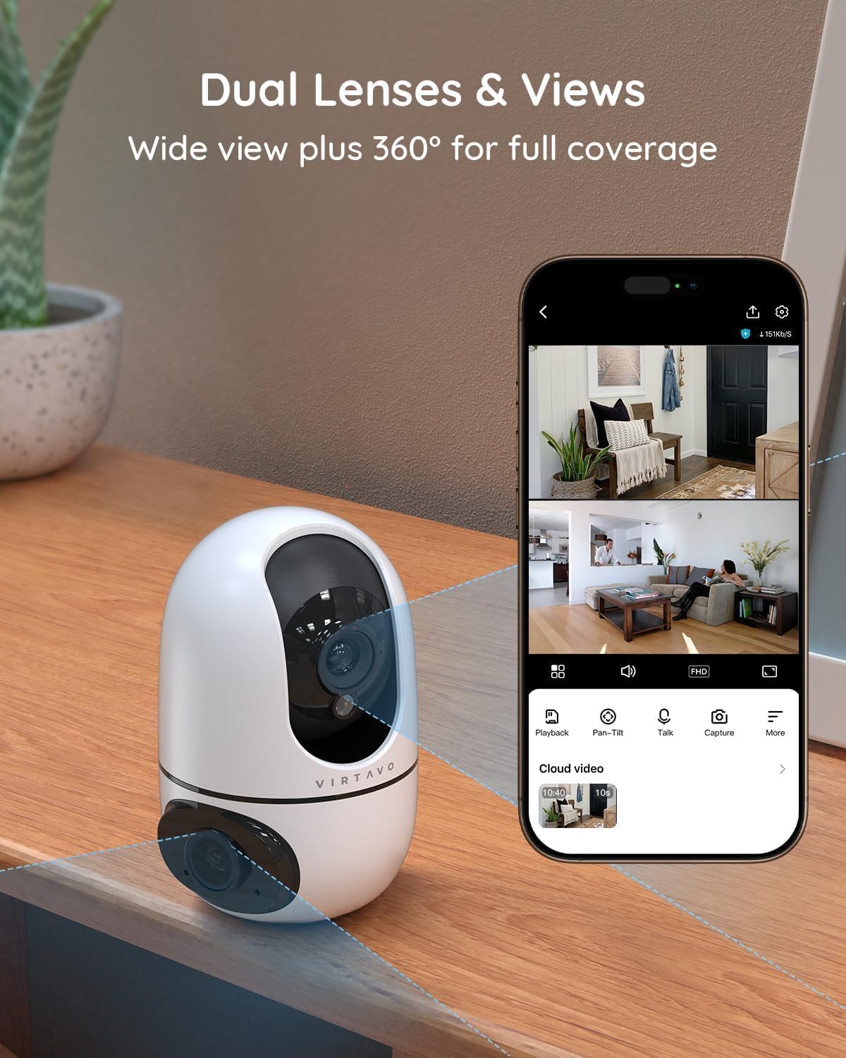 virtavo XD1 Indoor Security WiFi Camera, No Subscription Required, Dual-Lens 360° PTZ Baby Monitor & Pet Cam, Motion Tracking, 2-Way Audio, Night Vision, Cloud/SD Storage, Phone App, Plug-in Power