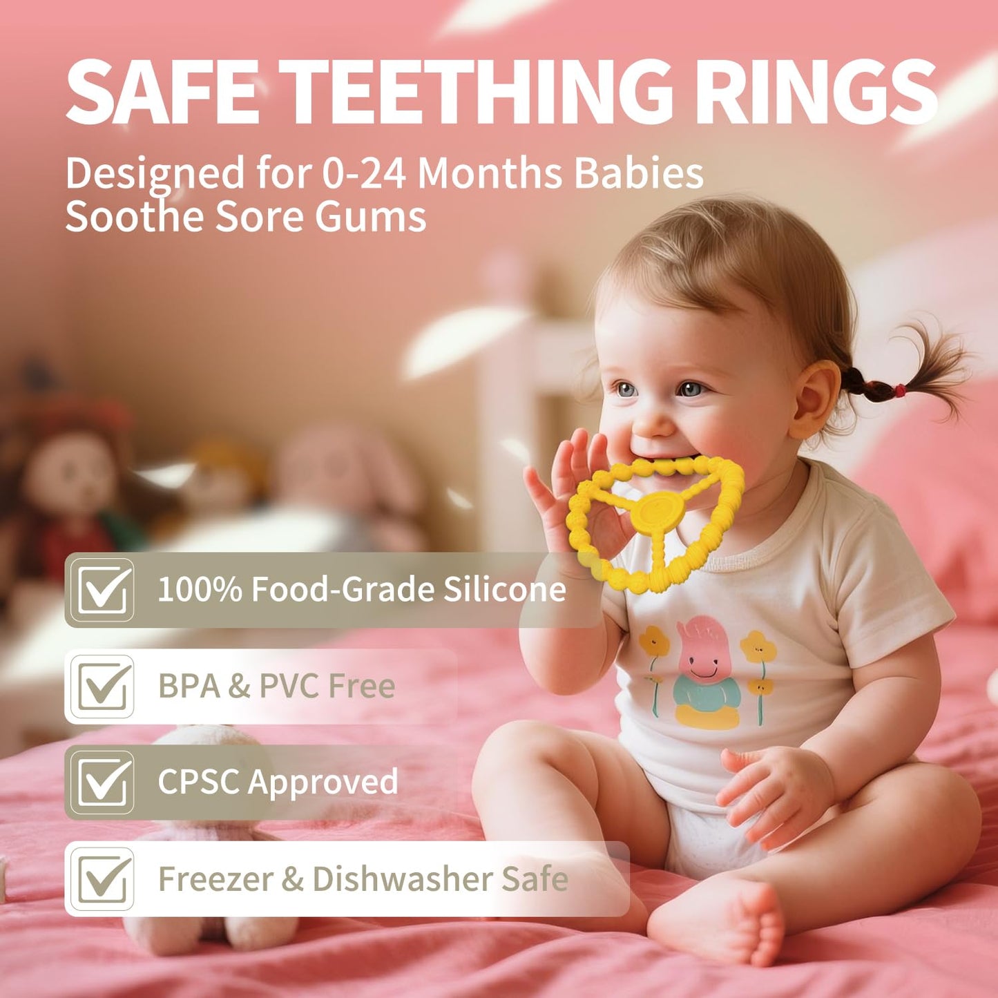 Baby Toys 6-12 Months, 3 Pack Silicone Teething Rings for Babies 0-6 months, Freezer Safe Ring Teethers 12-18 Months Essentials, Infant Teething Relief, Newborn Girl Easter Gifts (Lavender Yellow Red)