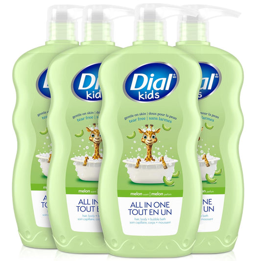 Dial Kids All-in-1 Body Wash + Hair + Bubble Bath, Melon Scent, 24 Fl Oz, Pack of 4, Hypoallergenic Body Wash & Shampoo, No Tears Formula for Kids 2+ Years, No Parabens & Silicones