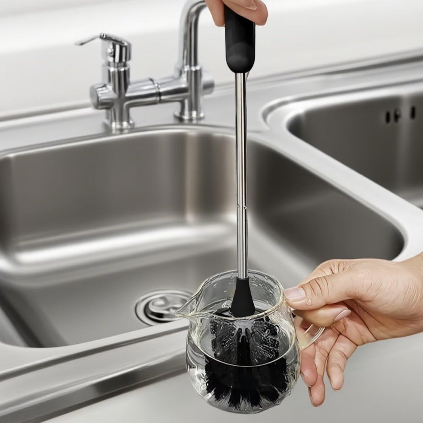 Black Water Bottle Brush, 15 Inches Stainless Steel Long Handle Bottle Cleaner and Scrubber, Kitchen Cleaning Brushes for Cups, Tumblers, Coffee Mugs, Wine Glasses and Wine Decanters