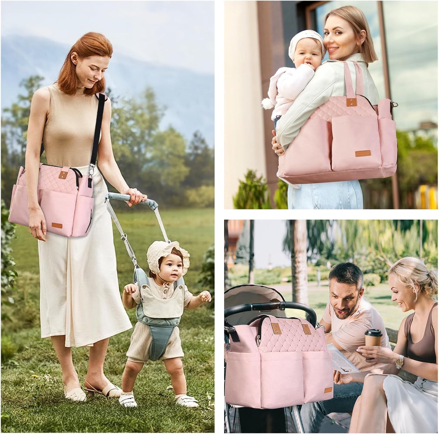 Lekebaby Diaper Bag Tote, Large Diaper Bags Waterproof,Large Mommy Bag Tote Bag Handbag Pink Travel, Black and Beige