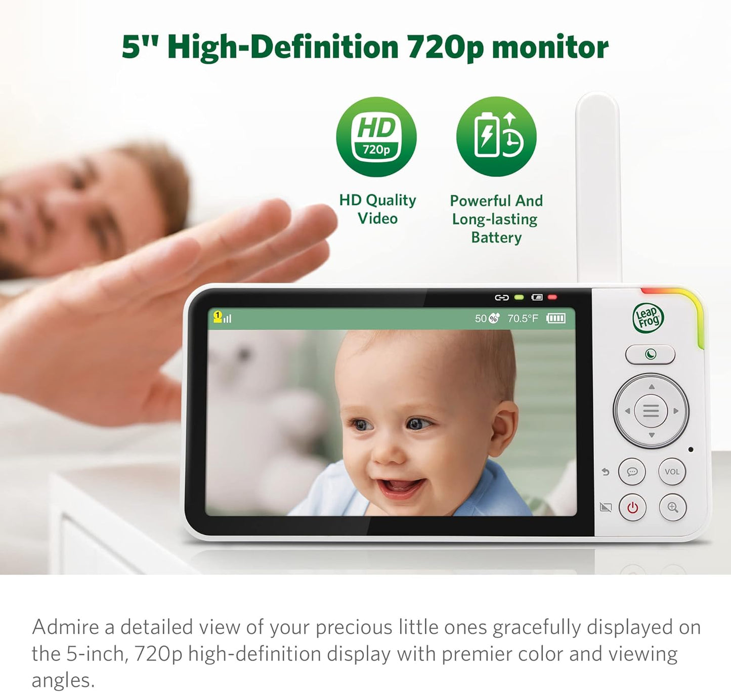 LeapFrog LF915-2HD Baby Monitor, 2 Cameras, 5” 720p Screen, 360° Pan-Tilt-Zoom, Color Night Vision, Night Light, Two-Way Intercom, Secured Transmission No WiFi
