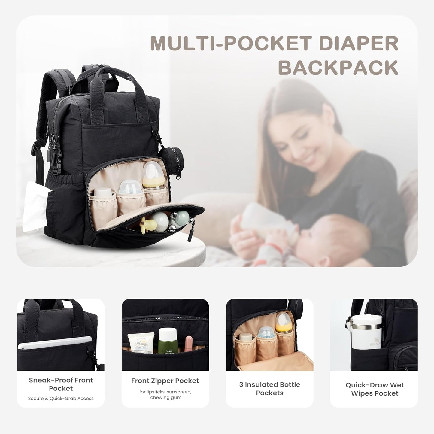 VONAL Diaper Bag Backpack, Lightweight Baby Diaper Bags, Travel Large Diaper Bag with Changing Station, Black Diaper Backpack for Boys Girls Newborn with Insulated Pockets, Stroller Straps