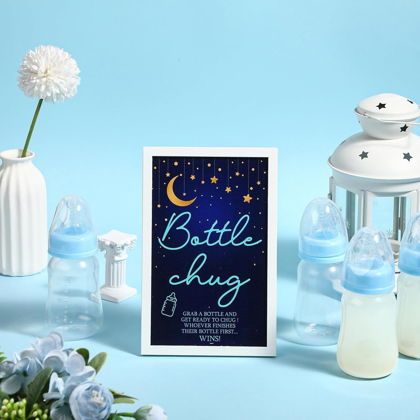 Roowest Bottle Chug Baby Shower Game Favors Including Moon Star Theme Wooden Sign and 18 Pcs Baby Bottles for Gender Reveal Party Supplies