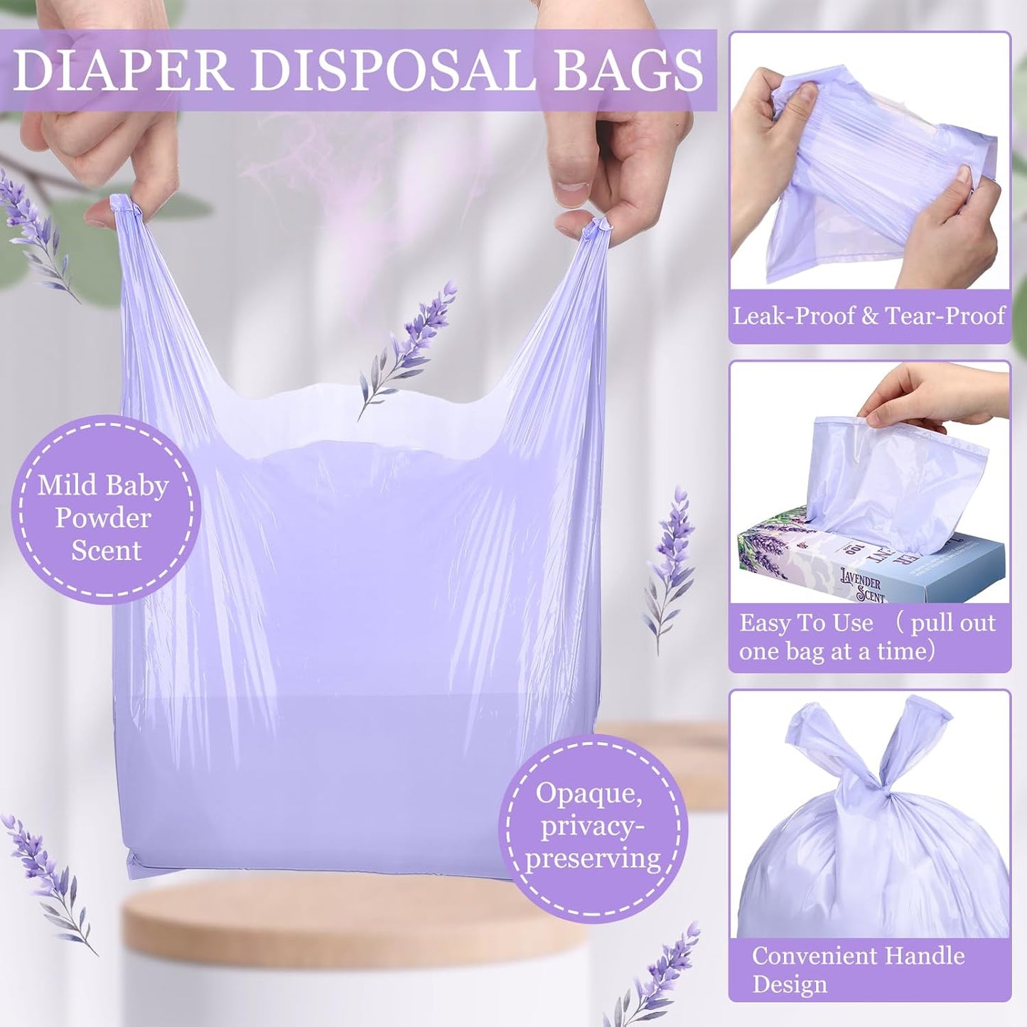 200 Pcs 17.7 x 9.8 in Lavender Scented Hygiene Bags Discreet Waste Disposal for Feminine Products, Diaper Disposal or Pet Waste Sacks with Easy-to-tie Tabs
