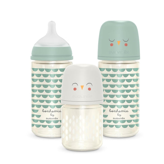 Suavinex Bonhomia Glass Baby Bottle with SX PRO Silicone Nipple, Anti Colic Baby Bottles, Baby Bottles for Breastfed Babies, 3 Pack, Mint/Beige