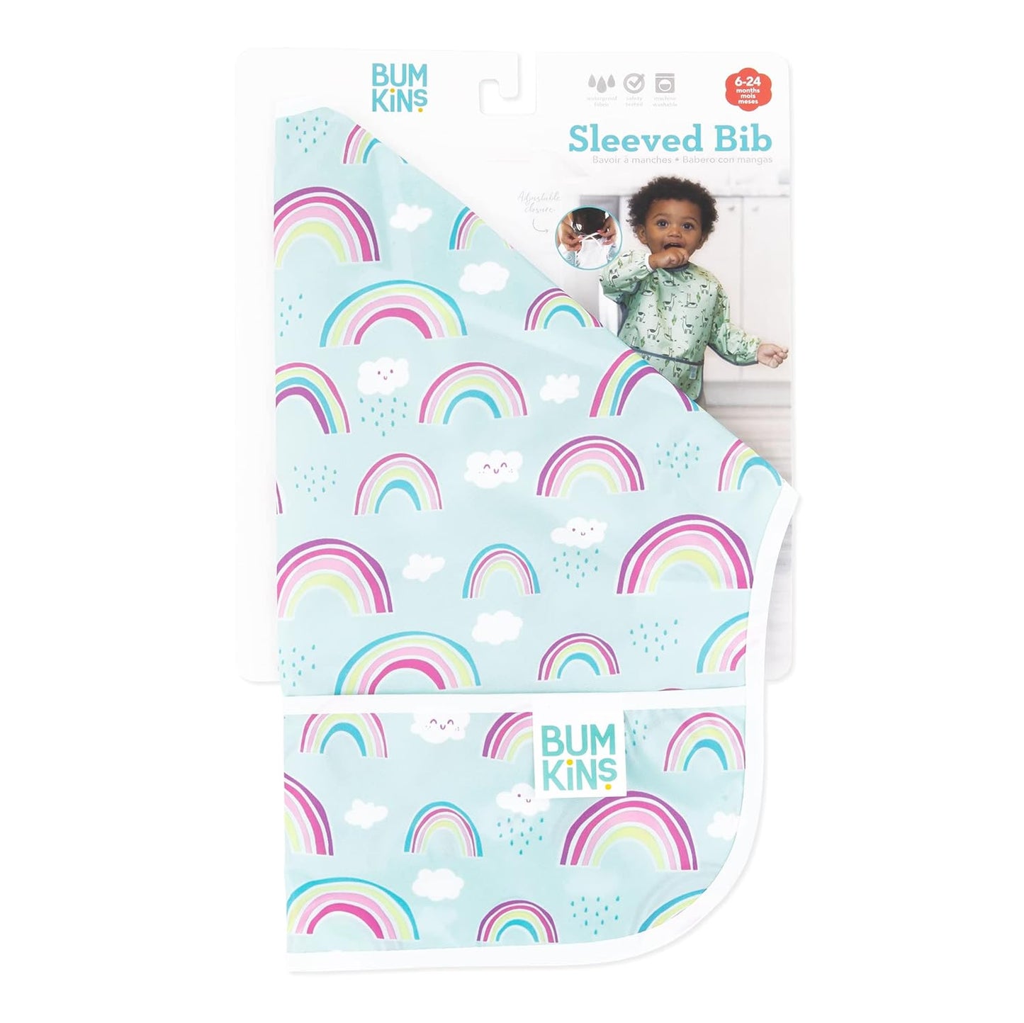 Bumkins Sleeved Bib for Girl or Boy, Baby and Toddler for 6-24 Mos, Essential Must Have for Eating, Feeding, Baby Led Weaning Supplies, Long Sleeve Mess Saving Food Catcher, Soft Fabric, Rainbow Blue