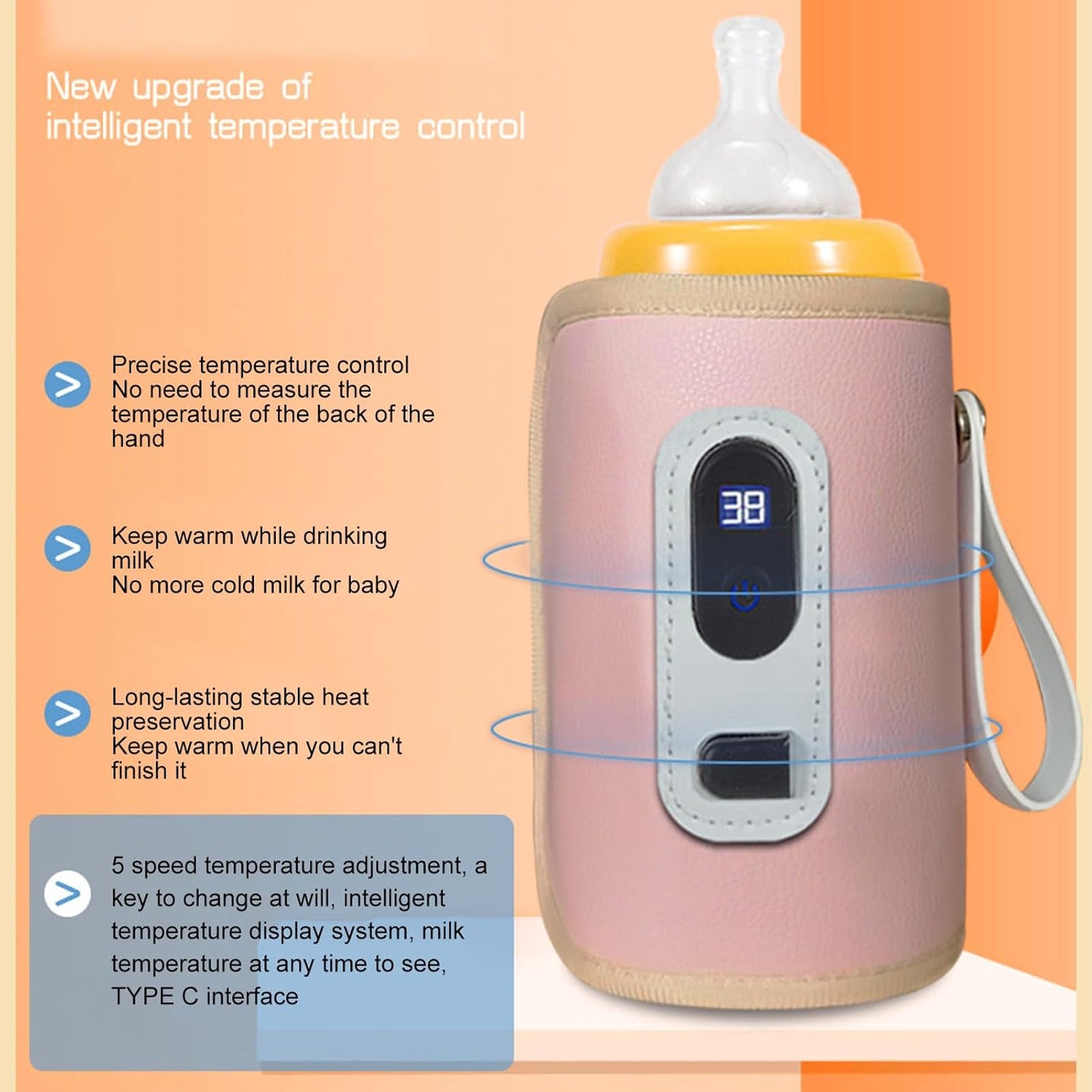 Portable Baby Bottle Warmer, 5 Temperature Adjustable USB Breastmilk Bottle Heater with USB Cable for Travel Baby Feeding on The Go(Pink)