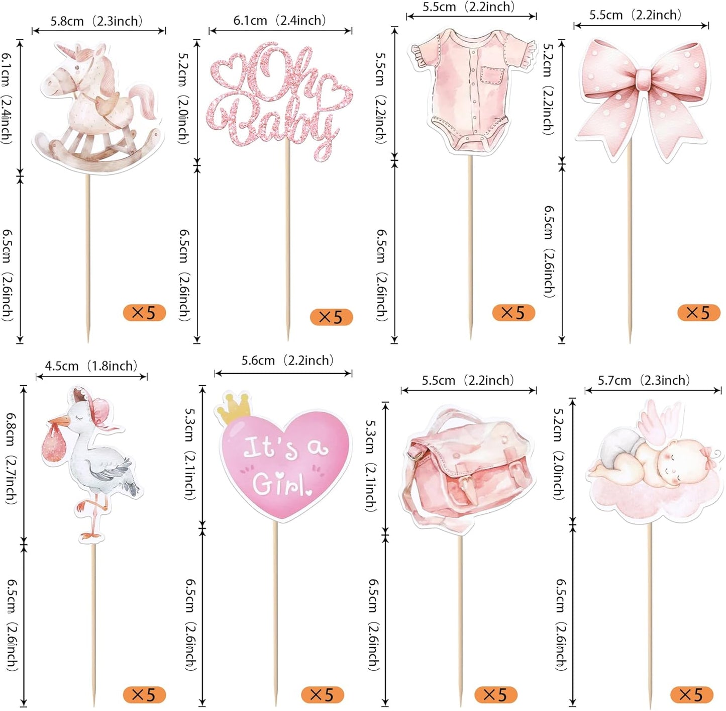 Rsstarxi 40 Pack Baby Cupcake Toppers Oh Baby Shower Decorations - Bow Trojan Horse It's a Girl Cupcake Picks for Welcome Baby Girls Birthday Party Cake Decorations