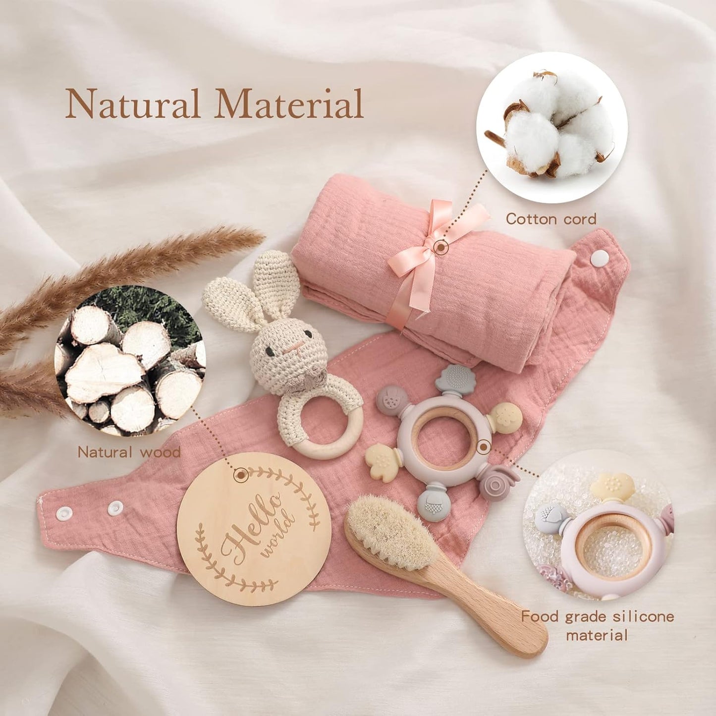 YOUUYS Baby Gift Set for Newborn - Baby Essential Bath Basket Easter Gift Set with Baby Blanket Baby Rattle Teether Toy & Hair Brush Newborn Shower Gift for Easter Day Baby Girls Boys 6PCS (Bunny)