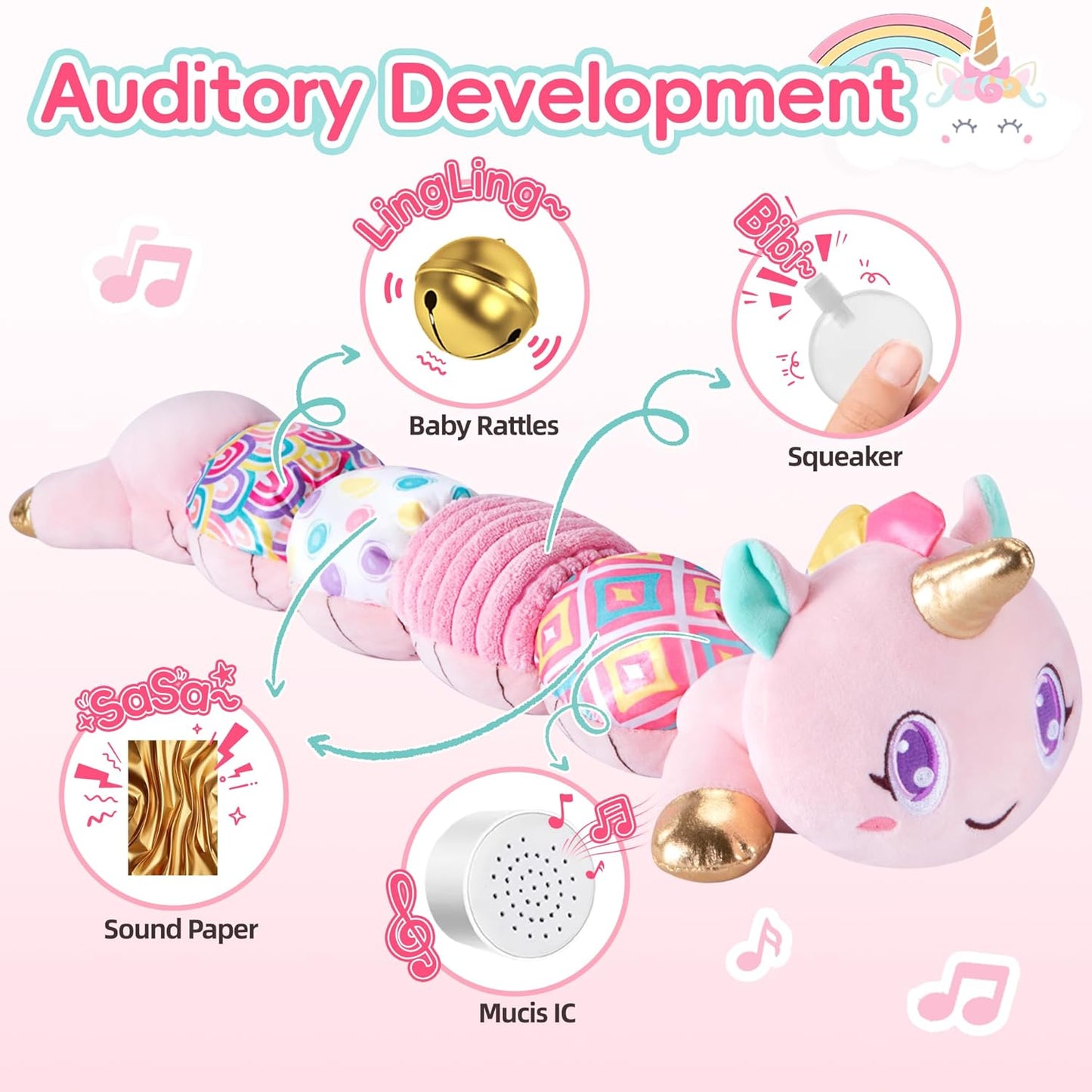 Unicorn Baby Toys 6-12 Months Infant Musical Stuffed Toys for Newborn Tummy Time Sensory toys for babies with Crinkle and Rattle 0-3-6-12 Months Old Baby Girl Must Have Christmas Birthday Gifts - Pink