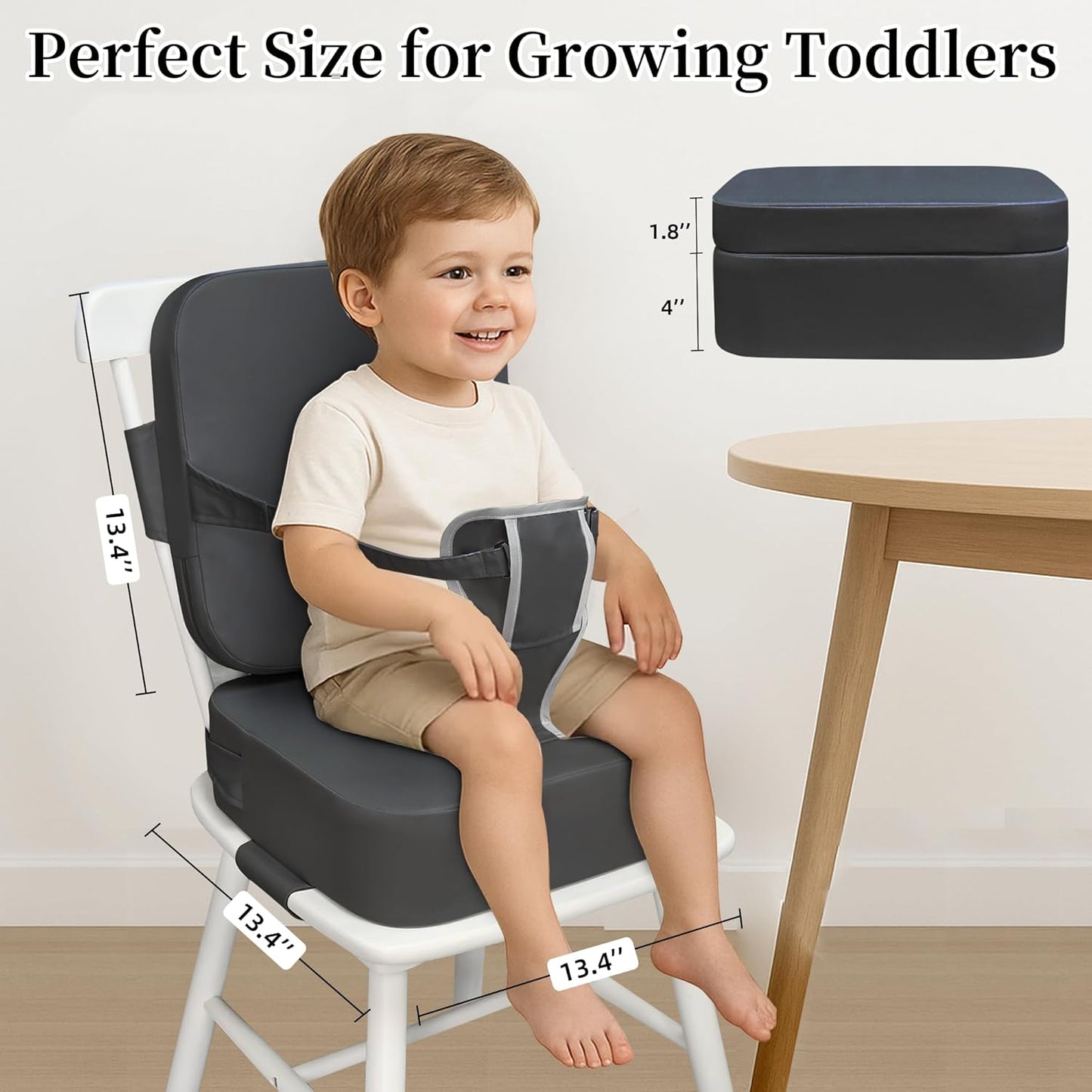 Toddler Booster Seat for Kitchen Chair and Dining Table, Non-Slip Cushion with Backrest, Adjustable Straps, Waterproof and Portable for Travel - Dark Grey