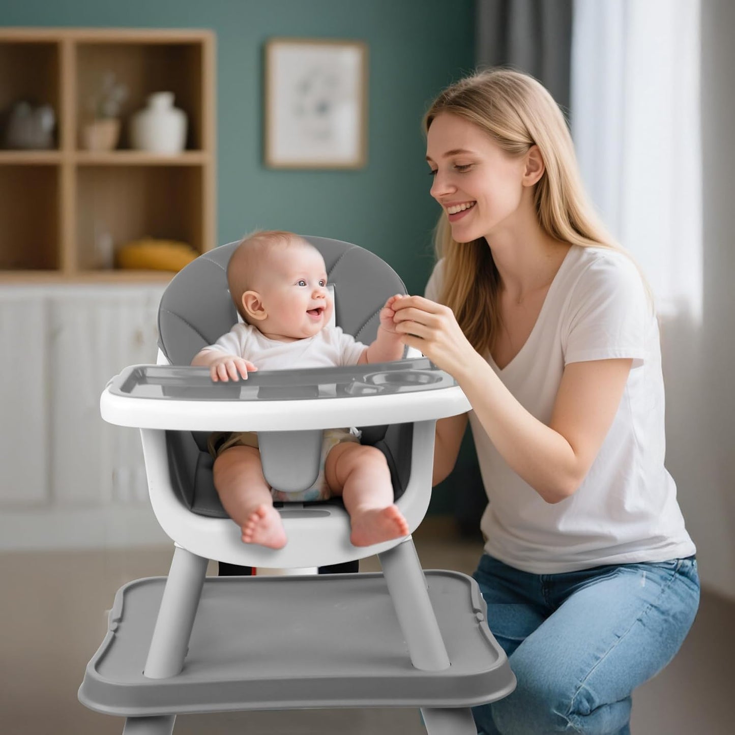4 in 1 Baby High Chair, Toddler Chair with Removable Tray, Convertible High Chairs for Babies and Toddlers, Kids Learning Table, Building Block Table, Dining Booster Seat with Safety Harness, Gray