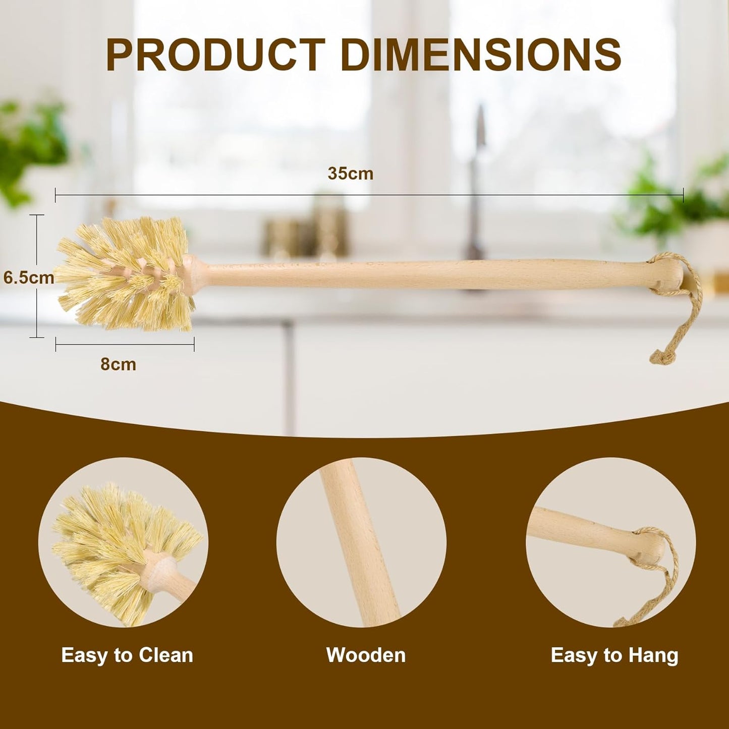 2-Pack Natural Wooden Bottle Brush with Sisal Bristles, Long Handle Bottle Brush Cleaner for Wide Mouth Jars, Water Bottles, Cups, Glasses, Baby Bottles (Non-Scratch)