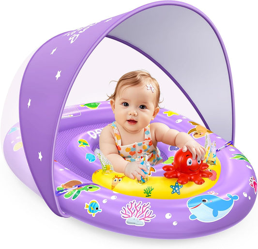 EZIGO Baby Pool Float with Canopy UPF 50+ Sun Protection, Double Air Chambers Infants Swimming Floats with Sound Toys Adjustable Safety Seat Toddler Float for Boys and Girls 6-36 Months