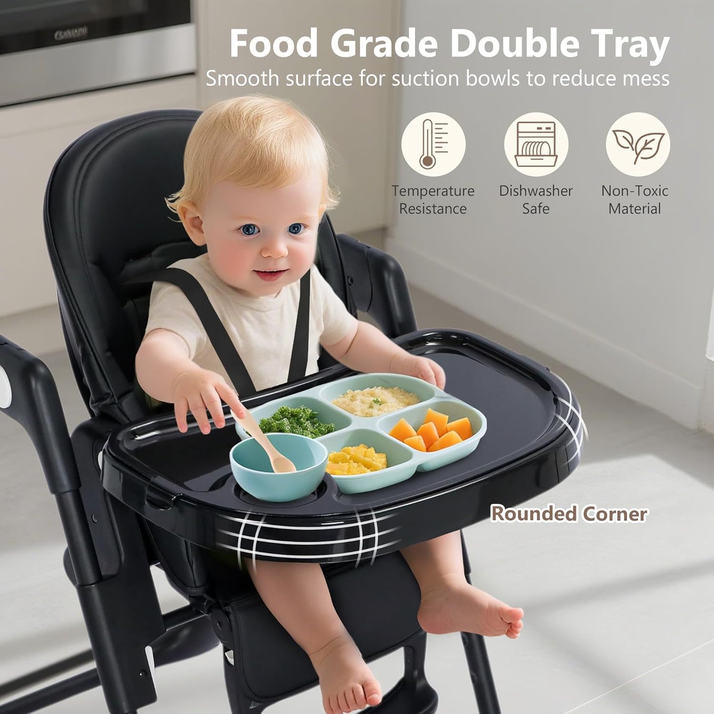 Kinder King Convertible High Chair for Babies & Toddlers, Adjustable Baby Feeding High Chair with Removable Double Tray, Simple Compact Fold for Space-Saving, 2 Built-in Wheels, Easy to Clean, Black