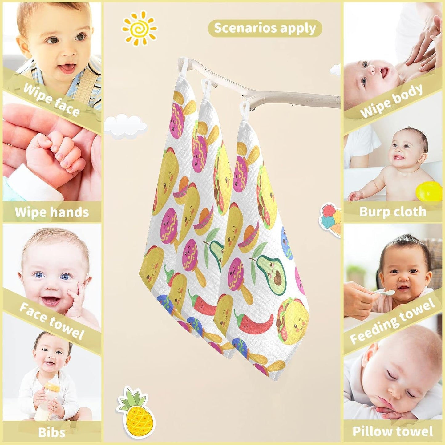 Funny Mexican Food Baby Muslin Washcloths Cute Cartoon Burp Cloths Soft Absorbent Baby Wash Cloth Fingertip Face Towels for Newborn Boys Girls 12 x 12 Inch, 3 Pack