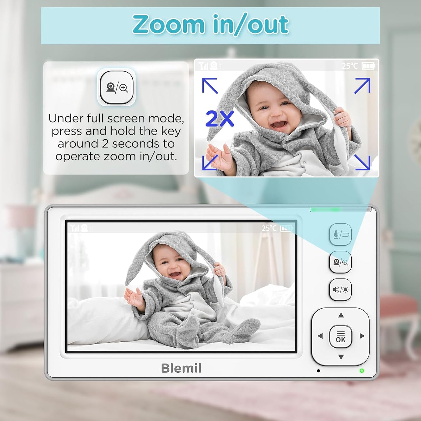 Blemil Baby Monitor with 2 Cameras and Audio, 4.3'' IPS Split-Screen Monitor with 29-Hour Battery, 1000ft Range Pan-Tilt-Zoom Video Baby Monitor No WiFi, 2X Zoom