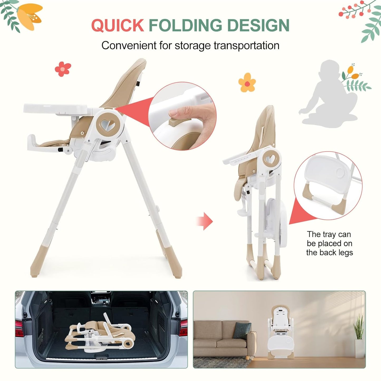 Foldable High Chairs for Babies and Toddlers, Adjustable Infant Baby Chair with Removable Tray and Non-Slip Foot Pads, Highchair for Children Aged 6 to 36 Months, Champagne