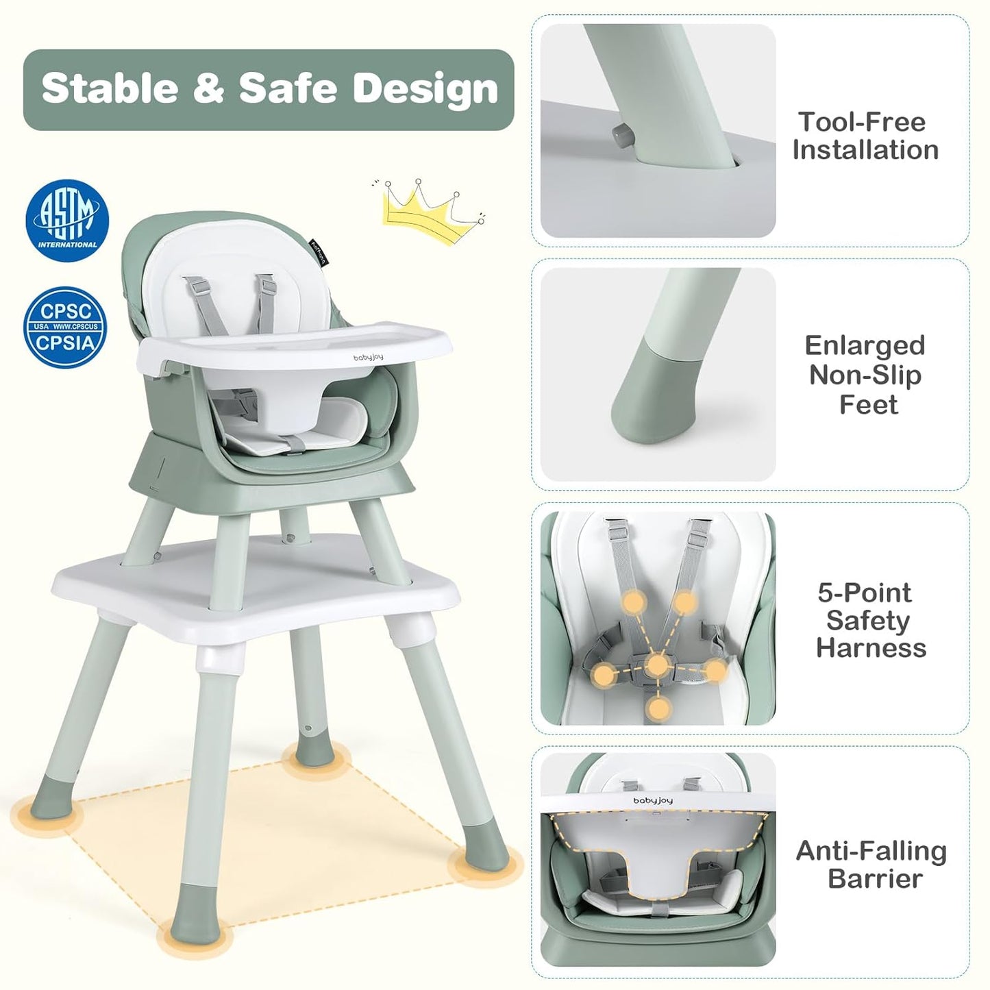 BABY JOY Baby High Chair, 8 in 1 Convertible Highchair for Babies & Toddlers | Booster Seat | Table and Chair Set | Building Block Table | Toddler Chair with Safety Harness, Removable Tray (Green)