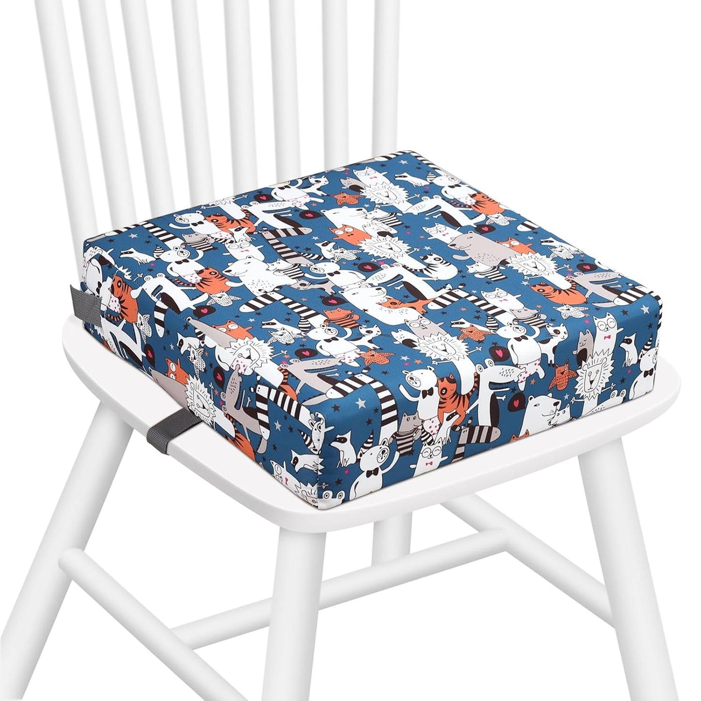 Zicac Portable Toddler Booster Seat for Dining Table, Safer Non-Slip Kids Booster Seat with Double Adjustable Straps, Washable Detachable Strong Support Increasing Cushion for Child (White Blue)