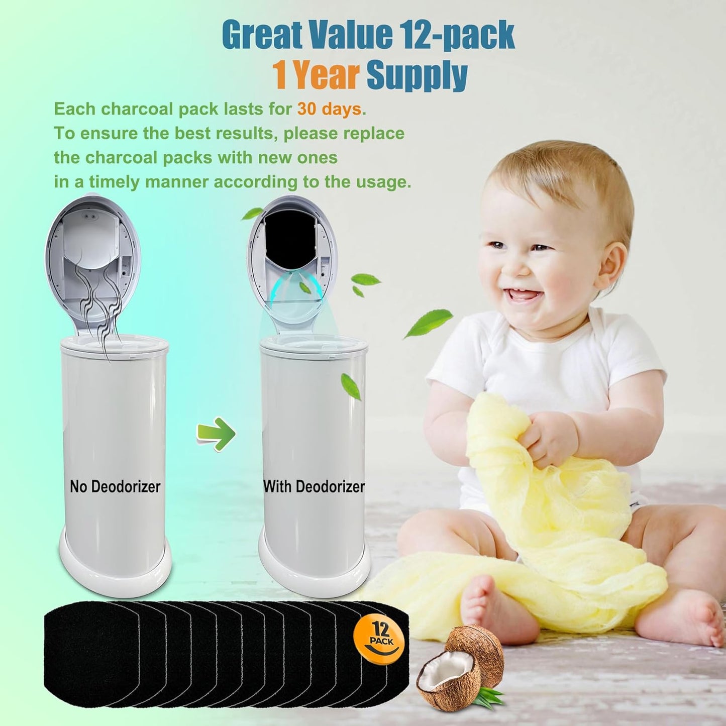 12 Pack Baby Diaper Pail Deodorizer for Ubbi Diaper Pail, Activated Charcoal Odor Absorbing Filters Compatible with Ubbi Steel Diaper Pail, Odor Eliminating, NO Smell