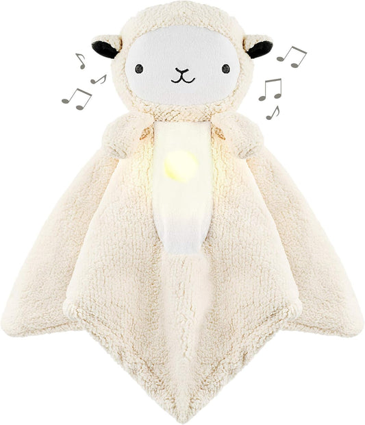 Wavhello LoveBub Sound & Light Baby Security Blanket Lovey, Plush Lullaby Music Player, White Noise Soother & Soft Night Light, Machine Washable - Lou The Lamb (White Minky, 18")