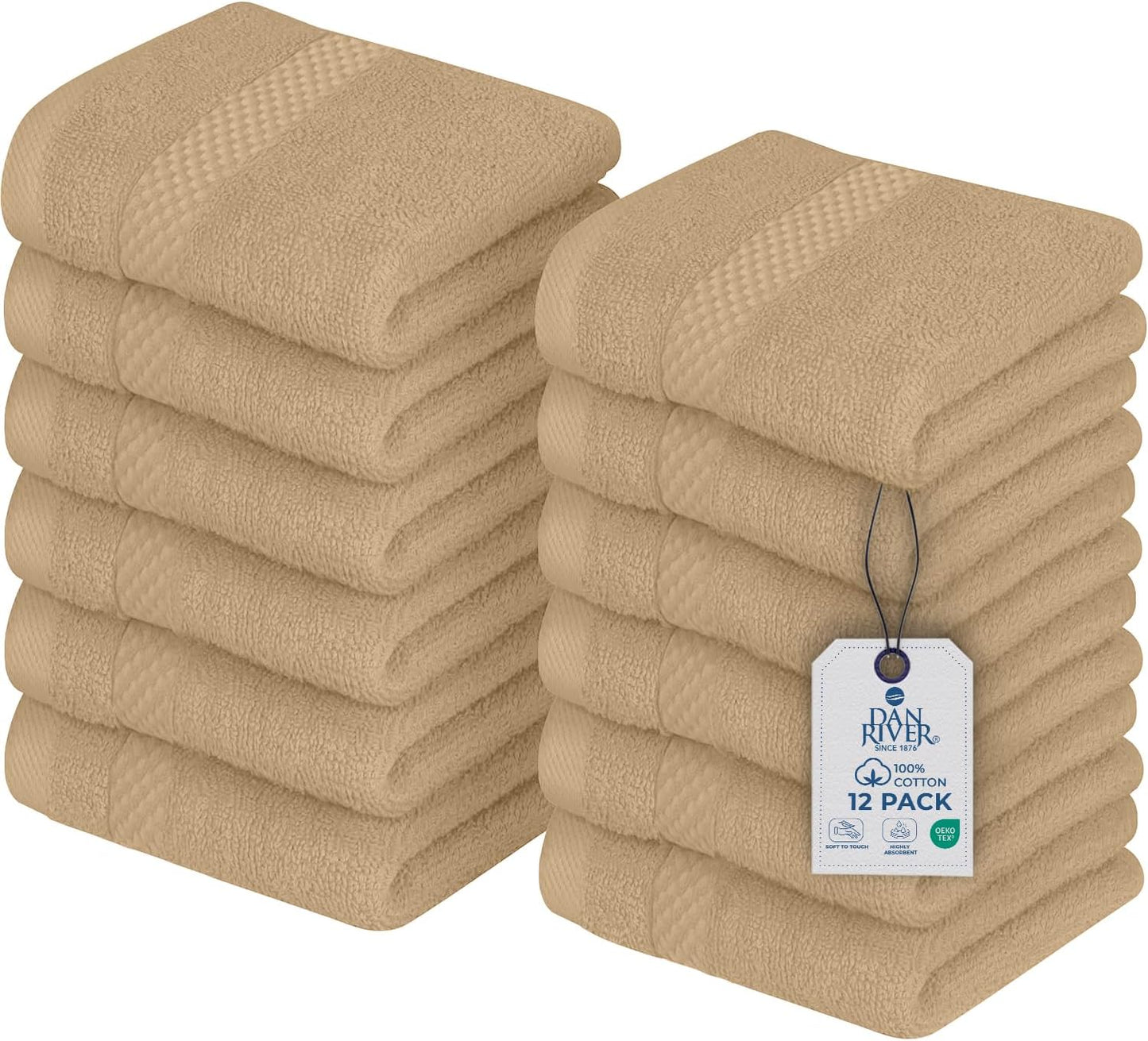 DAN RIVER 12-Pack Premium 100% Cotton TAN Face Towels – Reusable Face Towel Set, Soft & Absorbent wash Cloths for Body – Hand and Face Towels, 550 GSM (12x12 in)