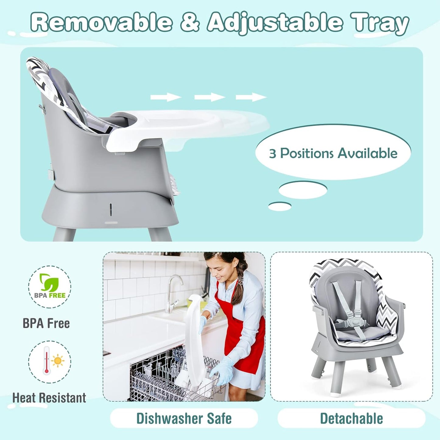 HONEY JOY 8 in 1 Baby High Chair, Convertible Highchair for Babies and Toddlers/Table and Chair Set/Building Block Table/Booster Seat/Stool/Toddler Chair with Safety Harness (Wave Gray)