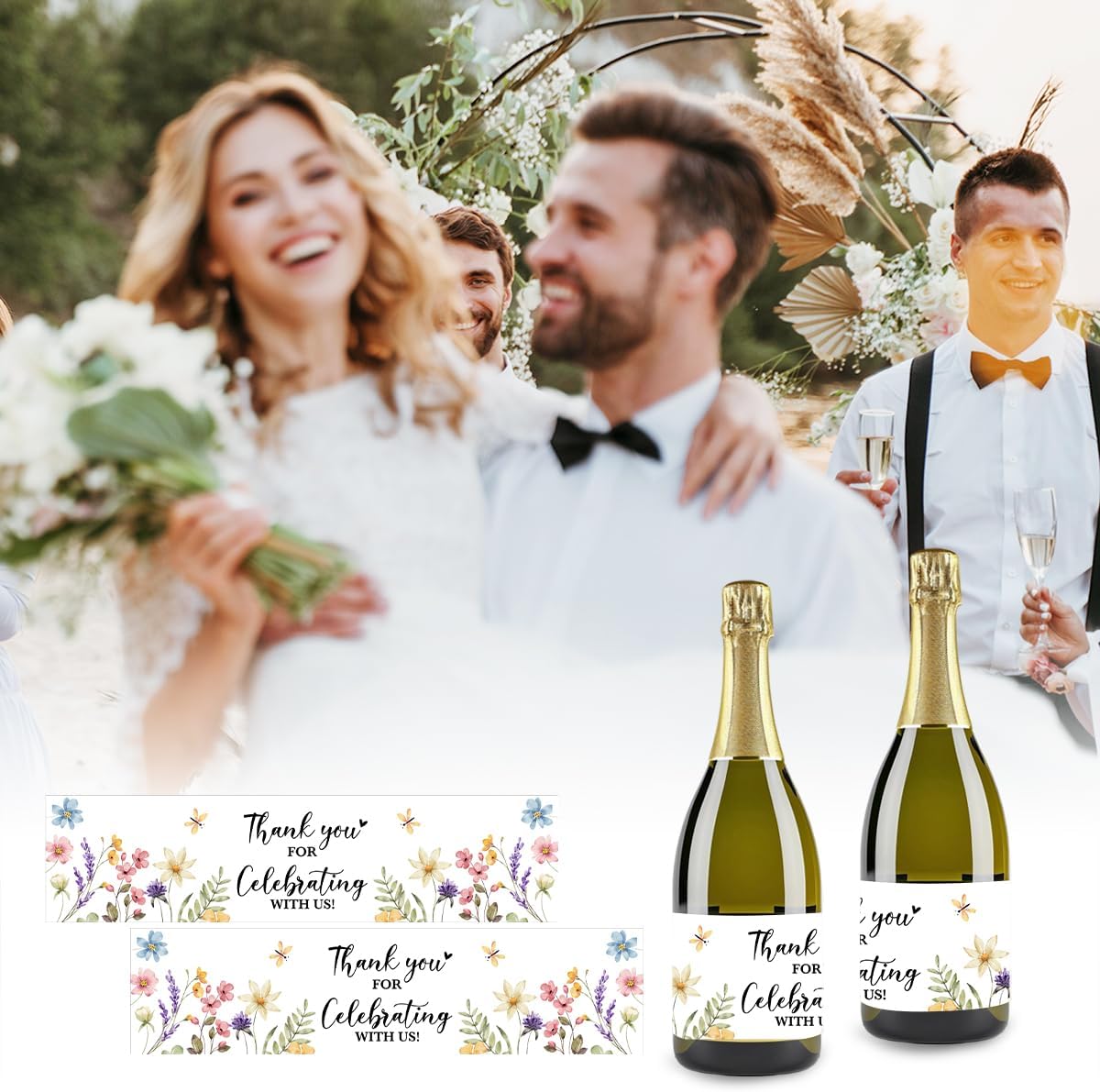 100PCS Wedding Water Bottle Labels Waterproof Greenery Floral Wraps Sticker for Water Bottle Baby Shower Bottle Label for Bridal Shower Party Thanks（Wildflowers）