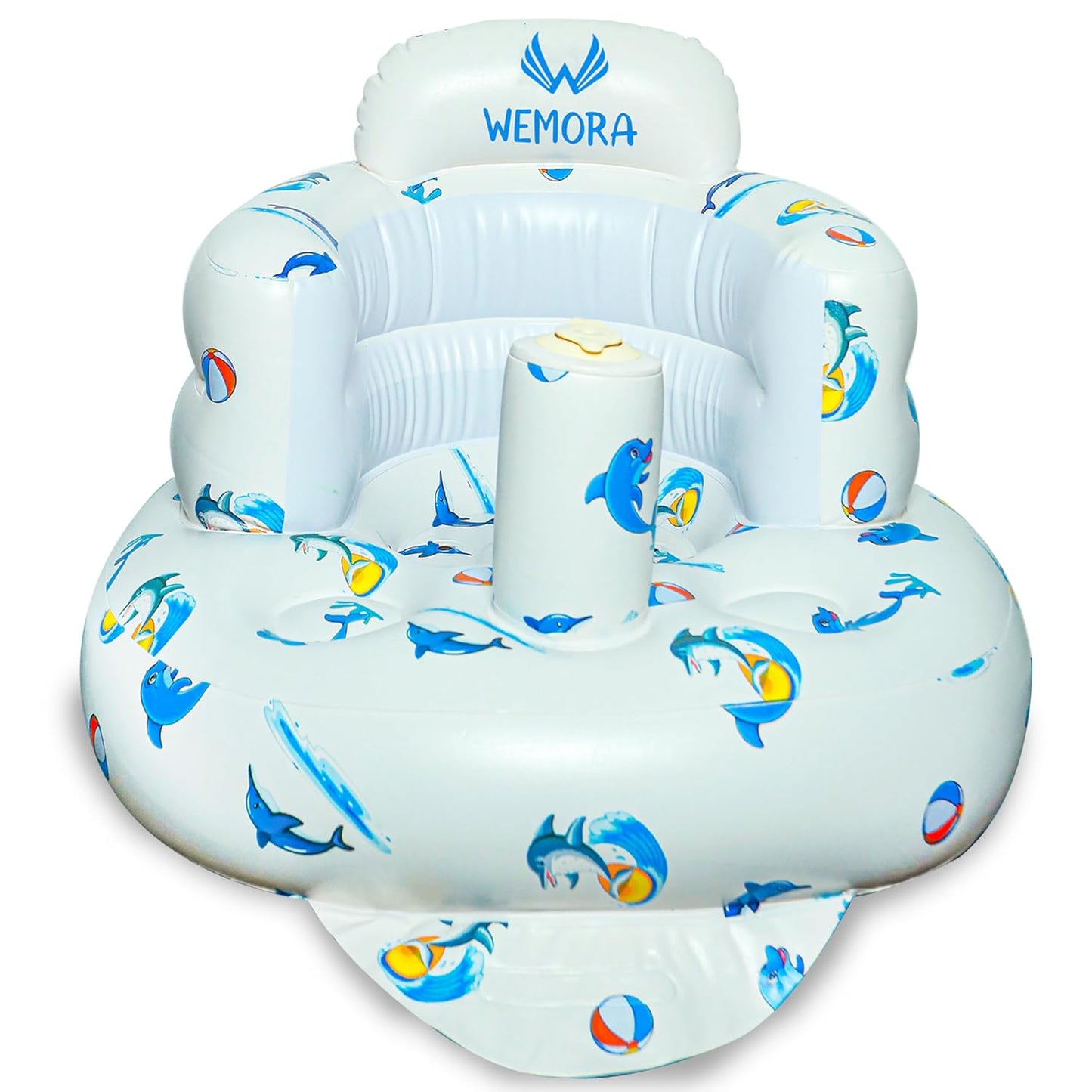 Inflatable Baby Seat for Babies 3-36 Months Blow Up Chair for Babies Infants Toddler Floor Sitting Up with Built in Air Pump (White, Dolphin)