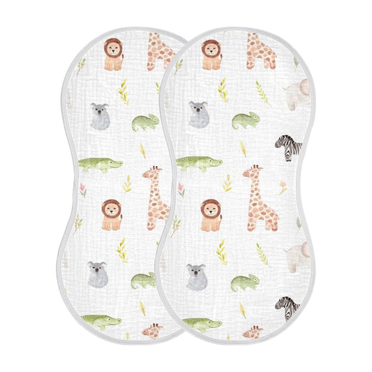 Muslin Baby Burp Cloths Set of 2, Soft Absorbent Safari Animals Muslin Washcloths, Bibs, Face Towel for Newborn Boys Girls, 22 x 11 Inch