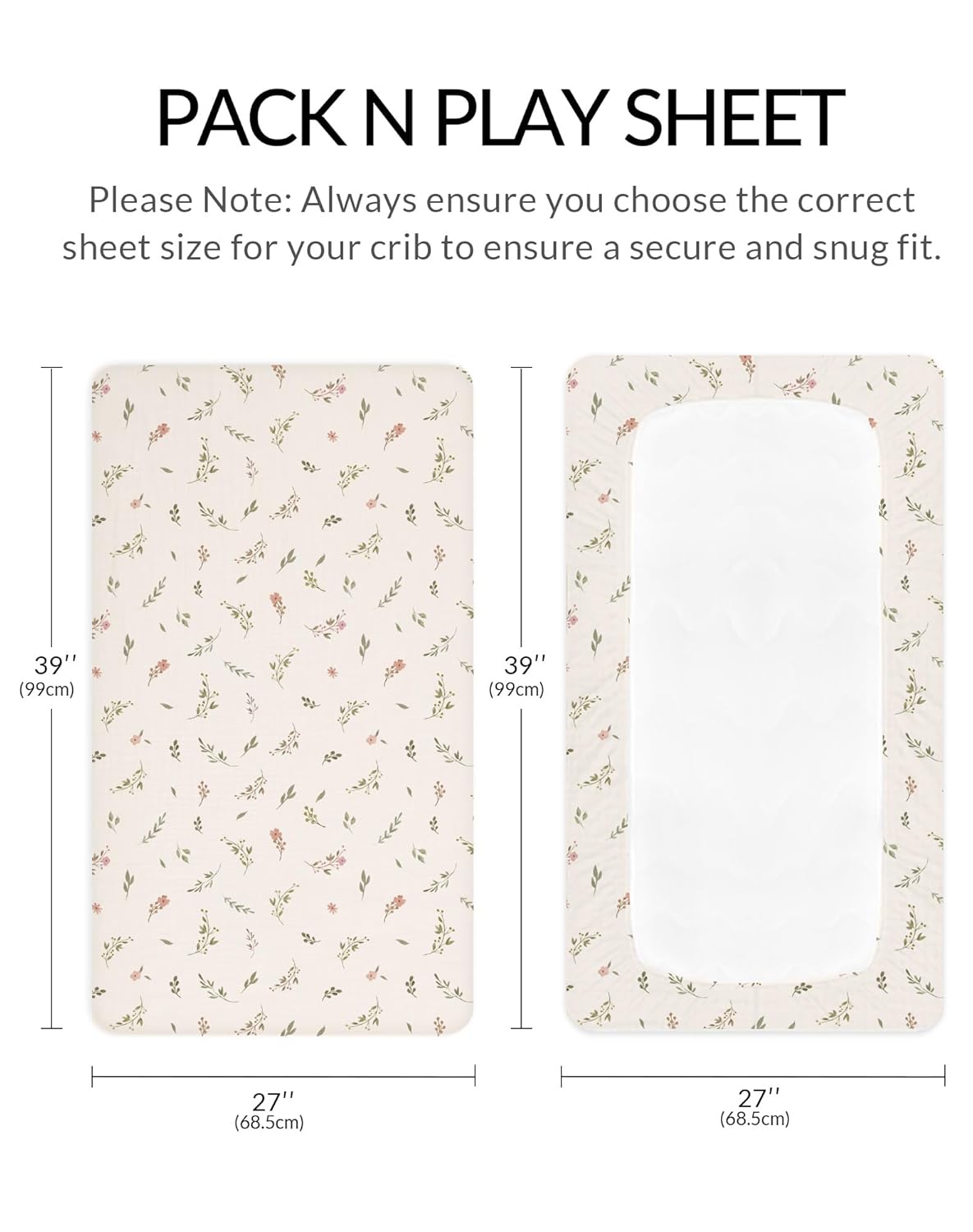 Pack and Play Sheets for Baby Boy and Girl 2 Pack, Neutral Muslin Cotton Pack N Play Mattresses Sheet 27"x39", Muslin Nursery Bedding Soft and Breathable Comfort (Petal Leaf & Pink)