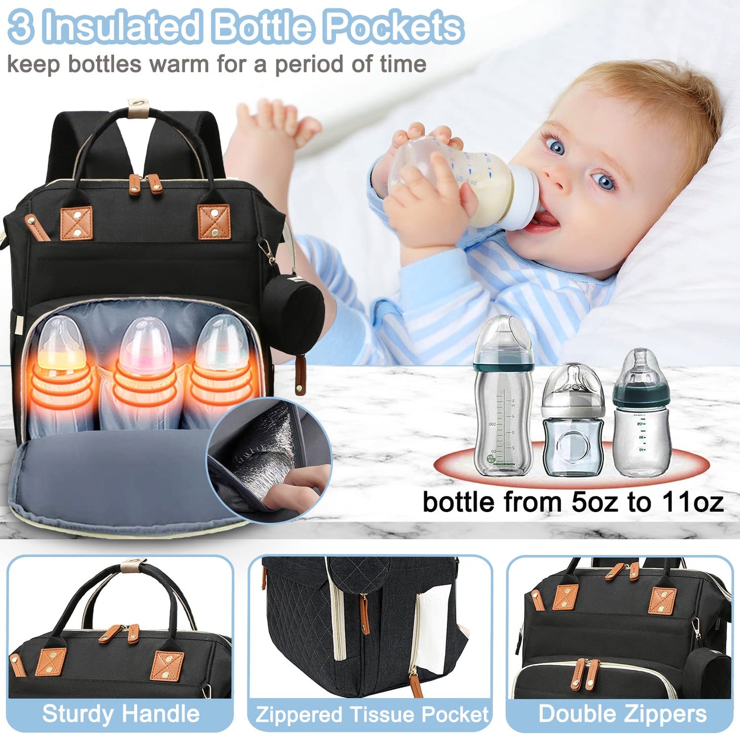 Diaper Bag Backpack Baby Bag, Baby Girl Boy Diaper Bag for Dad Mom with Pad, 16 Pockets, Pacifier Case, Large Diaper Bags Unisex for Travel (Black)