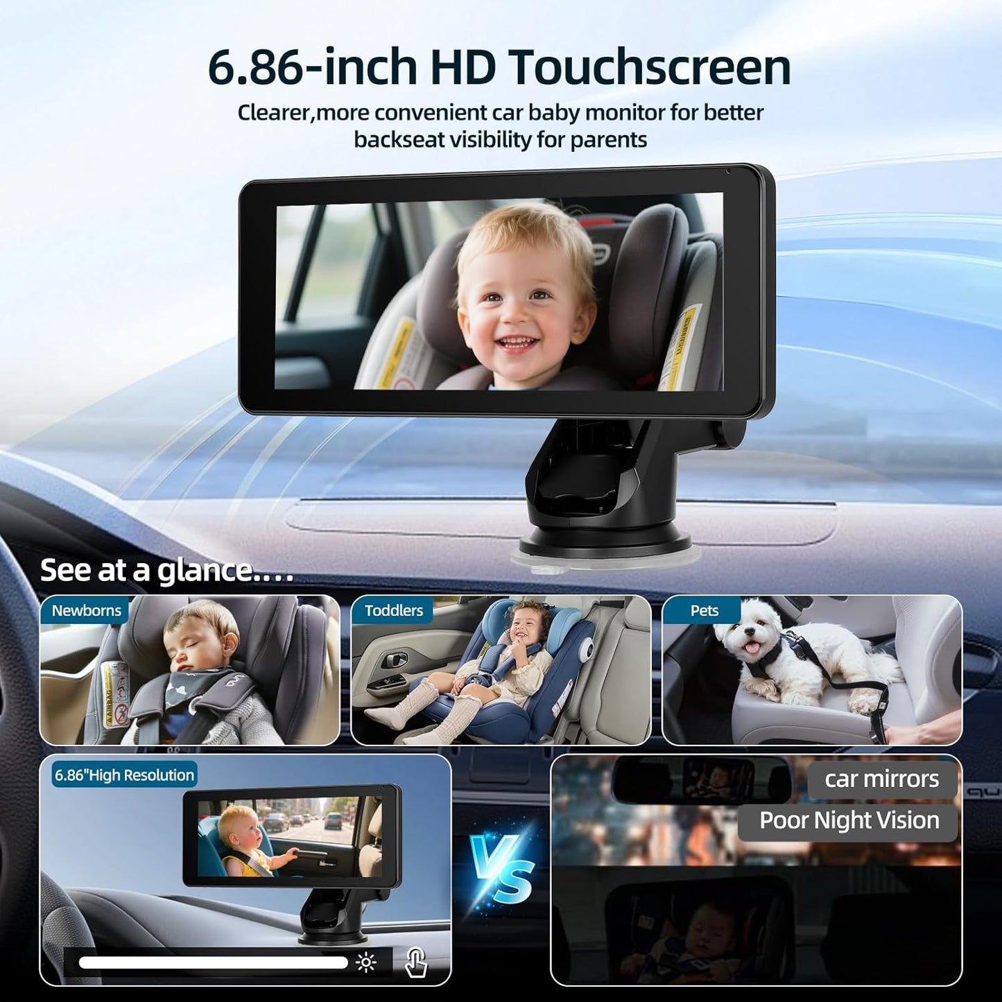 6.86 Inch Carplay Screen for Baby Monitor - 1080P Portable Car Stereo with Baby Car Camera/Wireless CarPlay/Android Auto/Night Vision/150° Wide Angle/AirPlay/GPS Navigation + 64G Card, Easy to Install