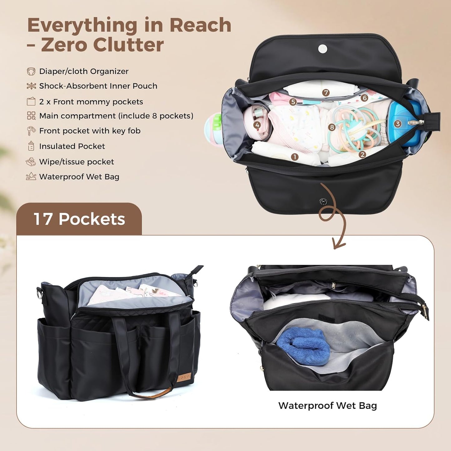 Lekebaby Diaper Bag Tote, Large Diaper Bags Waterproof,Large Mommy Bag Tote Bag Handbag Pink Travel, Black and Beige