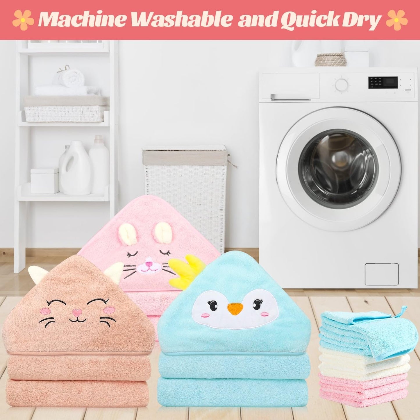 12 PCS Hooded Baby Towels, Soft Baby Towels, Absorbent Baby Bath Towels, 3 PCS Baby Towels, and 9 PCS Baby Washcloths for Newborns, Toddlers, and Kids, 32x32 in Baby Towels with Hood for Boy and Girl