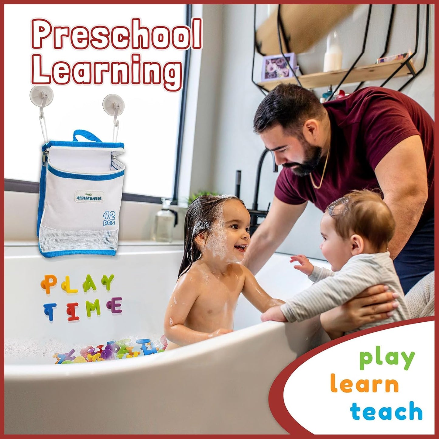 ALPHABATH Suction Bath Toys Alphabet Letters Numbers 42pcs Montessori Stimulating Autism Sensory No Mold Free Preschool Daycare Spelling Math Learn Build Connect Travel Kids Toddlers Ages 1 2 3 Years