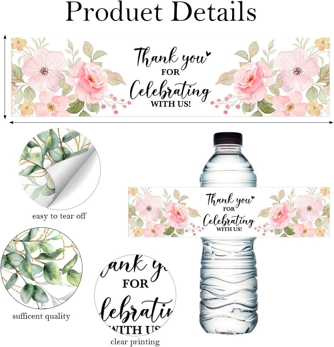 100PCS Wedding Water Bottle Labels Waterproof Greenery Floral Wraps Sticker for Water Bottle Baby Shower Bottle Label for Bridal Shower Party Thanks (Pink)
