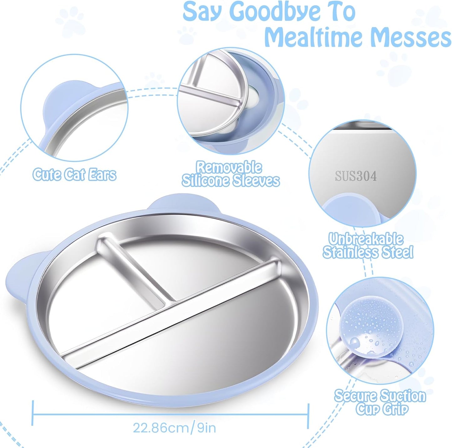 Stainless Steel Kids Plate with Suction Set of 2, 9″ Toddler Divided Plates with Removable Non Slip Silicone Sleeves, Baby Snack Dishes, Non Toxic and BPA Free, Light Pink & Baby Blue