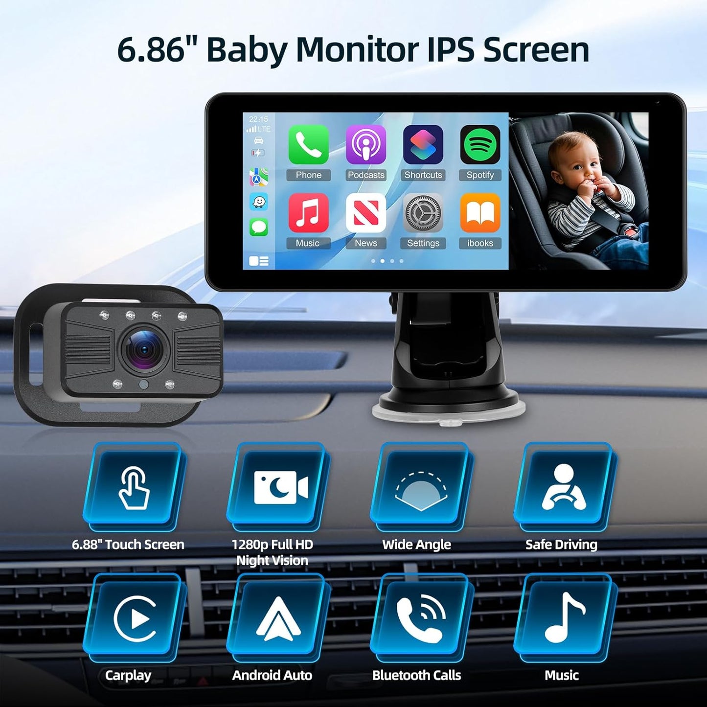 6.86 Inch Carplay Screen for Baby Monitor - 1080P Portable Car Stereo with Baby Car Camera/Wireless CarPlay/Android Auto/Night Vision/150° Wide Angle/AirPlay/GPS Navigation + 64G Card, Easy to Install