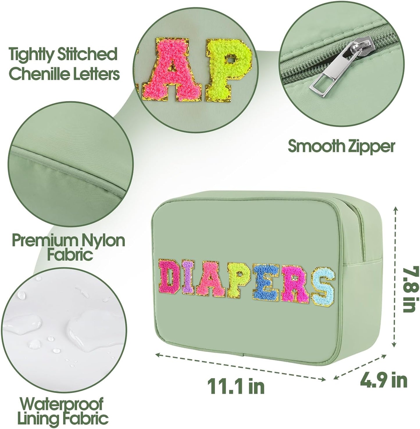 Small Diaper Bag, Chenille Letter Diaper Caddy Organizer Pouch Newborn Baby Essentials Must Haves for Nursery Changing Table, Sage Green Waterproof Diaper Pail Baby Shower Gifts for Mom To Be