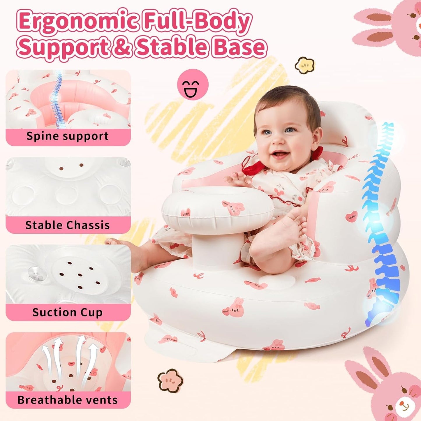Inflatable Baby Seat for Infans for Sitting Up,Baby Chair Sit Me Up with Tray and Back Support,Learning to Sit for 4-36 Months,Includes Built-in Air Pump(Pink Bunny)