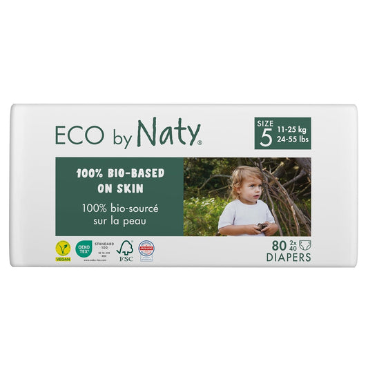 Eco by Naty Eco-Friendly Baby Diapers - 100% Plant-Based Materials on Skin, Soft, for Sensitive Skin & Super Absorbent (Size 5, 80 Count)