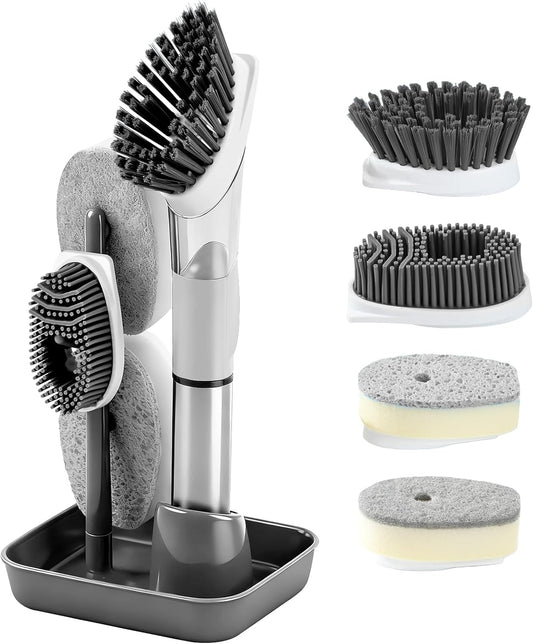 Soap Dispensing Scrub Brush - 4-in-1 Kitchen Cleaning Brush with Built-in Tank, Scraper Heads for Stubborn Grime on Pots Pans, Stand/Hang Storage-Grey