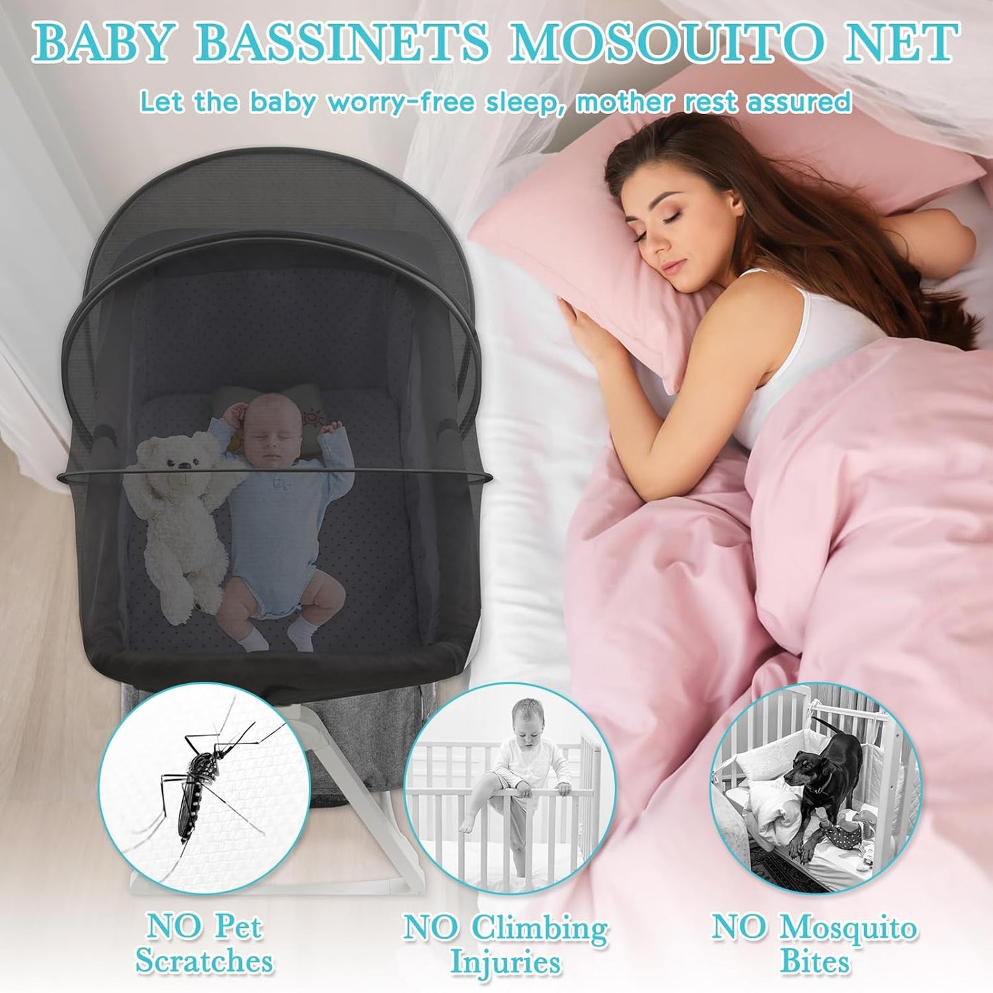 Bassinet Cover for Cats - Bassinet Net Cover for Baby Prevents Entry of Insects/Pets, Breathable Crib Net with Two-Way Zippers, Mosquito Net for Bedside Sleeper/Travel Crib (Black-Small)