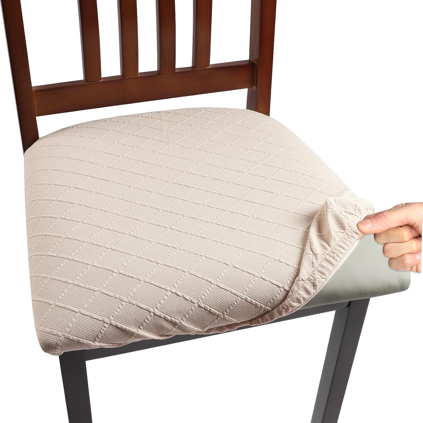 Yikko Chair Seat Covers, High-Density Check Jacquard Ekedalen Seat Covers for Dining Kitchen Restaurant Banquet, Stretch Removable Washable Chair Seat Cushion Protector (4, Beige)